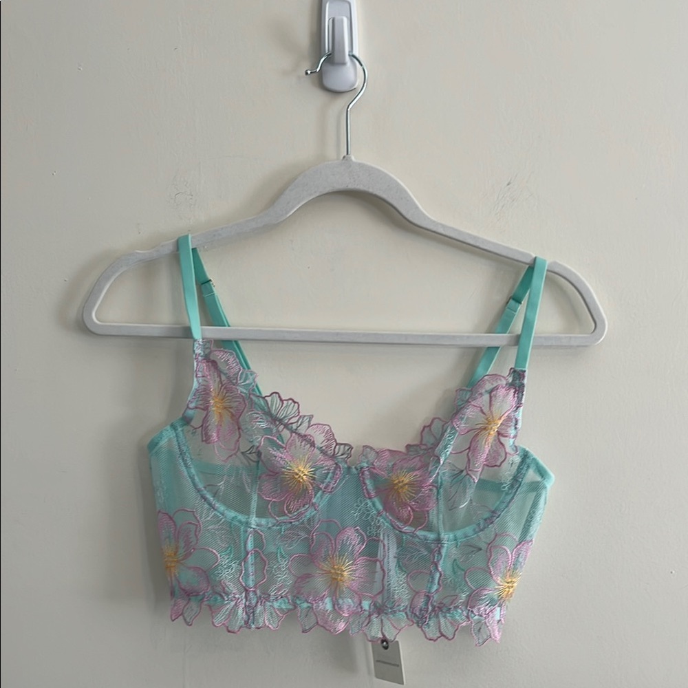Anthropologie Mesh Bustier Bra Top NWT Mint Floral U‎ lined Underwire Lingerie S